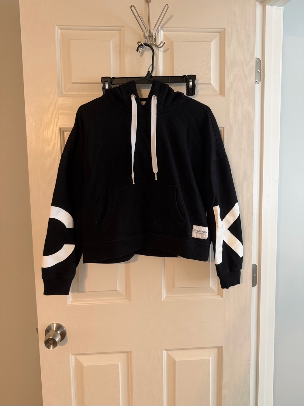 Calvin Klein Black Cropped Cowl Pullover with White Sleeve Graphics